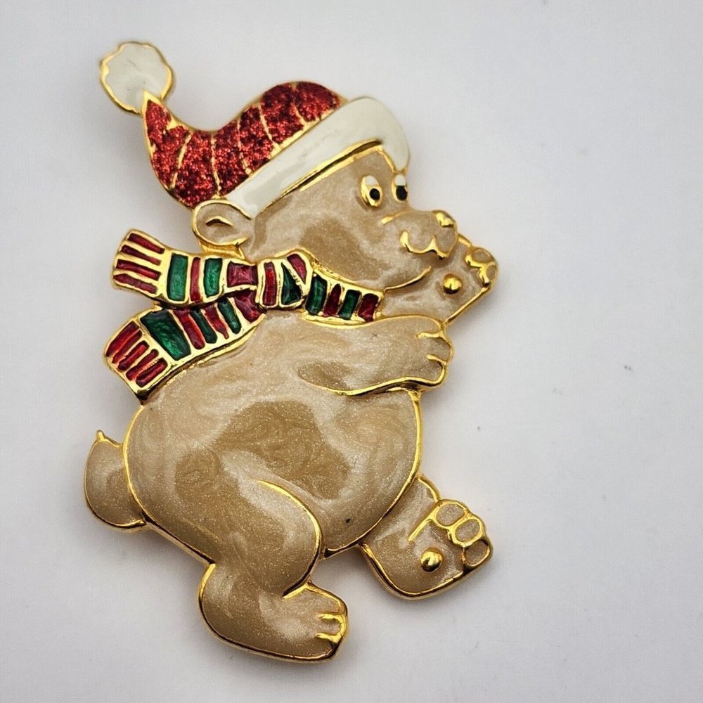 Vintage Enamel Christmas Bear Brooch